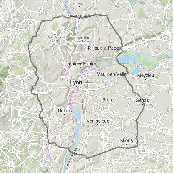 Miniatua del mapa de inspiración ciclista "Ruta en Carretera a través de los Pueblos de Rhône" en Rhône-Alpes, France. Generado por Tarmacs.app planificador de rutas ciclistas