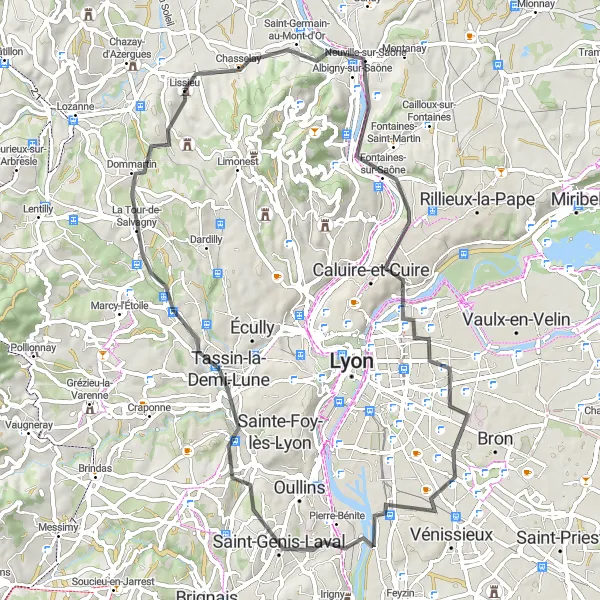 Karttaminiaatyyri "Pyöräilyreitti Albigny-sur-Saônesta" pyöräilyinspiraatiosta alueella Rhône-Alpes, France. Luotu Tarmacs.app pyöräilyreittisuunnittelijalla