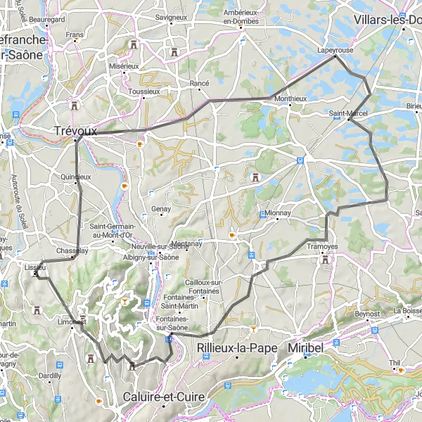 Map miniature of "Tranquil Ride to Mont Cindre" cycling inspiration in Rhône-Alpes, France. Generated by Tarmacs.app cycling route planner