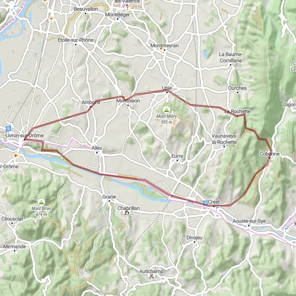 Karttaminiaatyyri "Ambonilista Livron-sur-Drômeen" pyöräilyinspiraatiosta alueella Rhône-Alpes, France. Luotu Tarmacs.app pyöräilyreittisuunnittelijalla