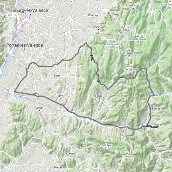 Map miniature of "Mountains and Valleys" cycling inspiration in Rhône-Alpes, France. Generated by Tarmacs.app cycling route planner