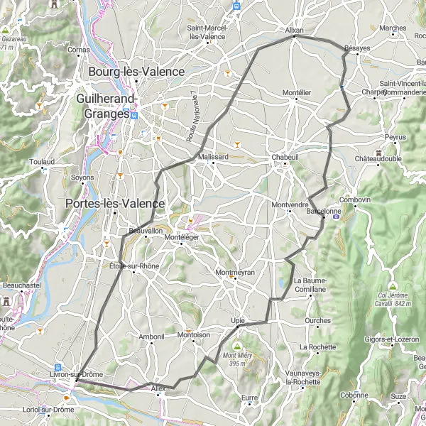 Kartminiatyr av "Veisykkelrute gjennom Rhône-dalen" sykkelinspirasjon i Rhône-Alpes, France. Generert av Tarmacs.app sykkelrutoplanlegger