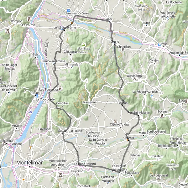 Karttaminiaatyyri "Tiepyöräilyreitti kohti Loriol-sur-Drômea" pyöräilyinspiraatiosta alueella Rhône-Alpes, France. Luotu Tarmacs.app pyöräilyreittisuunnittelijalla