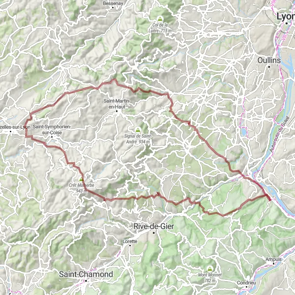 Miniatuurkaart van de fietsinspiratie "Avontuurlijk Traject" in Rhône-Alpes, France. Gemaakt door de Tarmacs.app fietsrouteplanner