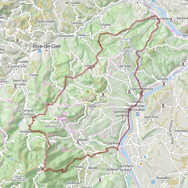 Karttaminiaatyyri "Condrieu - Échalas reitti" pyöräilyinspiraatiosta alueella Rhône-Alpes, France. Luotu Tarmacs.app pyöräilyreittisuunnittelijalla