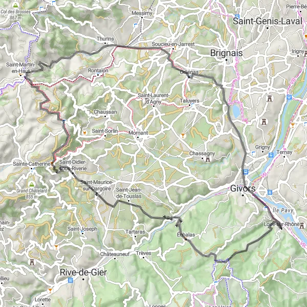 Miniature de la carte de l'inspiration cycliste "Parcours sur route pittoresque à proximité de Loire-sur-Rhône" dans la Rhône-Alpes, France. Générée par le planificateur d'itinéraire cycliste Tarmacs.app