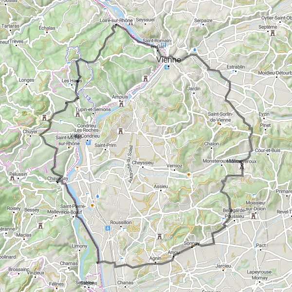 Miniatura della mappa di ispirazione al ciclismo "Giro panoramico da Loire-sur-Rhône" nella regione di Rhône-Alpes, France. Generata da Tarmacs.app, pianificatore di rotte ciclistiche