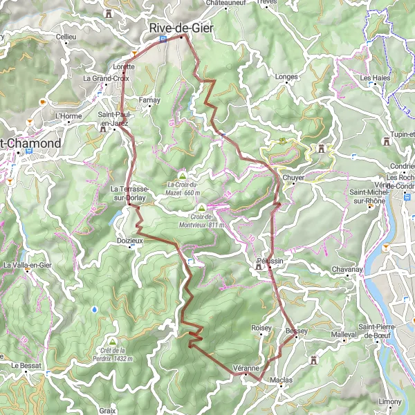 Map miniature of "Gravel Adventure: Rock Formations and French Heritage" cycling inspiration in Rhône-Alpes, France. Generated by Tarmacs.app cycling route planner