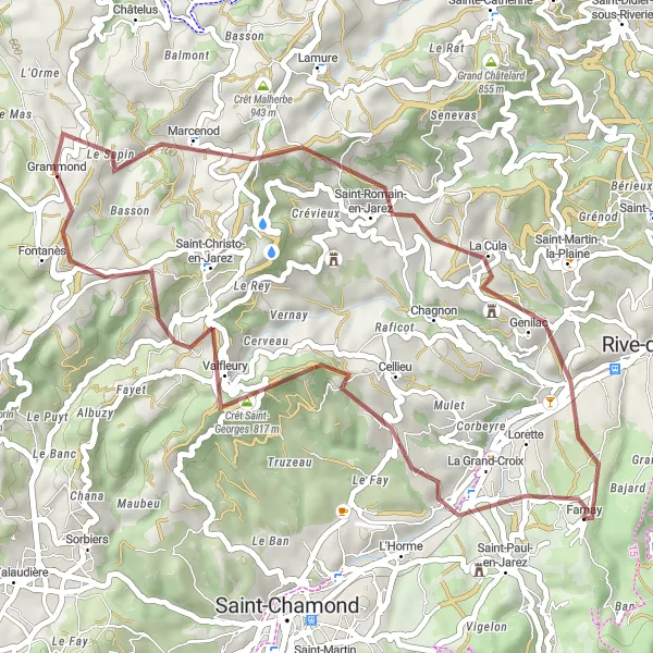 Map miniature of "Scenic Gravel Ride from Lorette to Farnay" cycling inspiration in Rhône-Alpes, France. Generated by Tarmacs.app cycling route planner