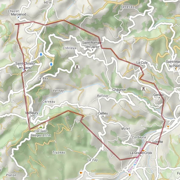 Mapa miniatúra "Príjemná 32 km gravel cesta cez horské traily" cyklistická inšpirácia v Rhône-Alpes, France. Vygenerované cyklistickým plánovačom trás Tarmacs.app