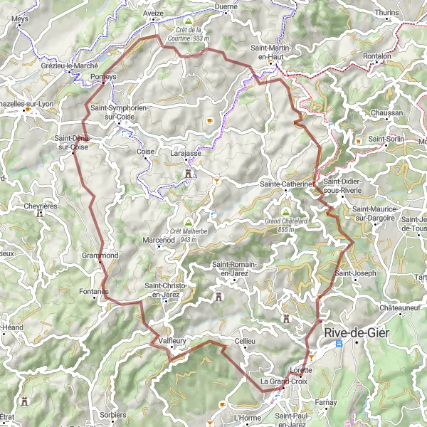 Map miniature of "Gravel Tour: Coise Mountains and Valleys" cycling inspiration in Rhône-Alpes, France. Generated by Tarmacs.app cycling route planner