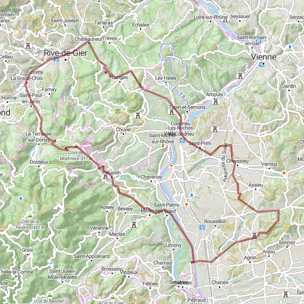 Miniatua del mapa de inspiración ciclista "Ruta Escénica por Grava" en Rhône-Alpes, France. Generado por Tarmacs.app planificador de rutas ciclistas