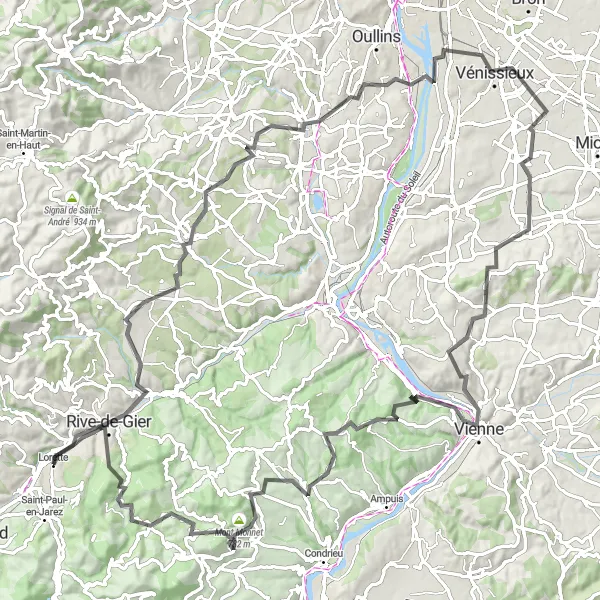 Karttaminiaatyyri "Lorette - Sainte-Croix-en-Jarez Road Cycling Expedition" pyöräilyinspiraatiosta alueella Rhône-Alpes, France. Luotu Tarmacs.app pyöräilyreittisuunnittelijalla