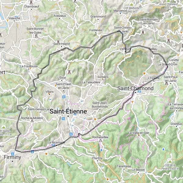 Miniatua del mapa de inspiración ciclista "Ruta de Carretera a Le Chambon-Feugerolles" en Rhône-Alpes, France. Generado por Tarmacs.app planificador de rutas ciclistas