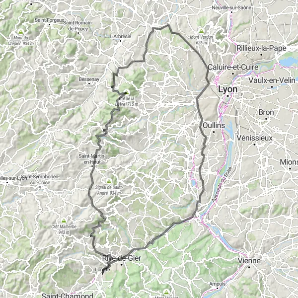 Map miniature of "Road Cycling Adventure: Challenging Climbs and Picturesque Villages" cycling inspiration in Rhône-Alpes, France. Generated by Tarmacs.app cycling route planner