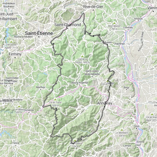 Zemljevid v pomanjšavi "Potovanje skozi Alpe in doline" kolesarske inspiracije v Rhône-Alpes, France. Generirano z načrtovalcem kolesarskih poti Tarmacs.app
