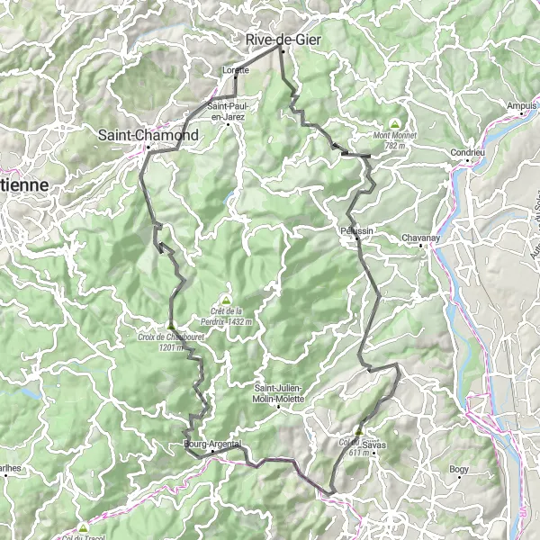 Map miniature of "Road Cycling Challenge: Gorges and Hilltops" cycling inspiration in Rhône-Alpes, France. Generated by Tarmacs.app cycling route planner