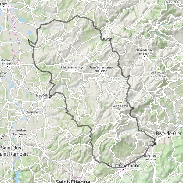 Miniatura della mappa di ispirazione al ciclismo "Avventura in bicicletta verso La Grand-Croix" nella regione di Rhône-Alpes, France. Generata da Tarmacs.app, pianificatore di rotte ciclistiche