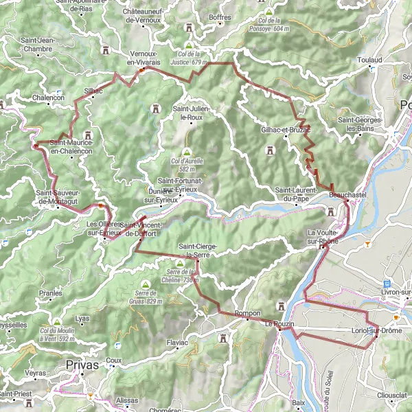 Miniaturekort af cykelinspirationen "Grusvej Cykelrute fra Loriol-sur-Drôme" i Rhône-Alpes, France. Genereret af Tarmacs.app cykelruteplanlægger