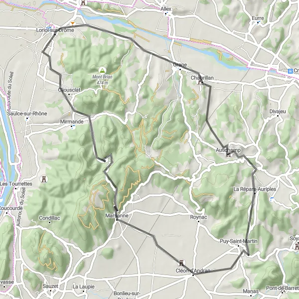 Map miniature of "Loriol-sur-Drôme to Grane" cycling inspiration in Rhône-Alpes, France. Generated by Tarmacs.app cycling route planner