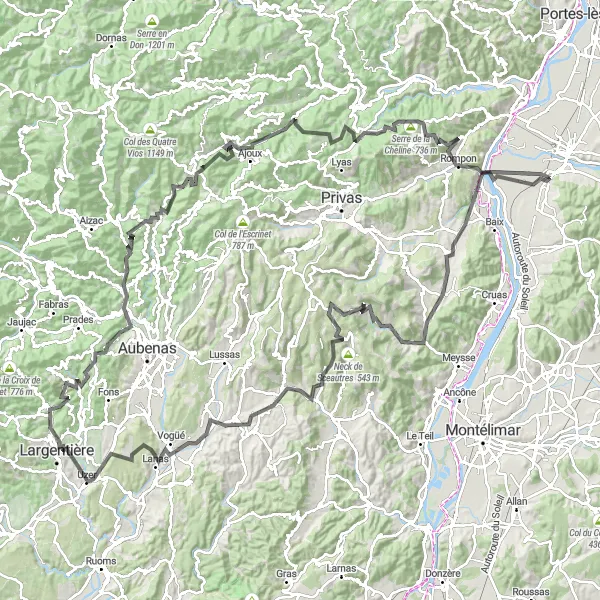 Kartminiatyr av "Loriol-sur-Drôme till Largentière cykelväg" cykelinspiration i Rhône-Alpes, France. Genererad av Tarmacs.app cykelruttplanerare