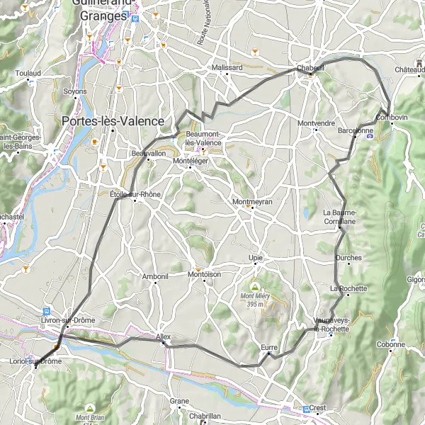 Map miniature of "Loriol-sur-Drôme to Étoile-sur-Rhône" cycling inspiration in Rhône-Alpes, France. Generated by Tarmacs.app cycling route planner