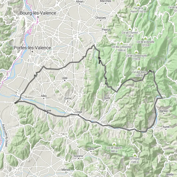 Map miniature of "Climb to the Col: Road Cycling Expedition near Loriol-sur-Drôme" cycling inspiration in Rhône-Alpes, France. Generated by Tarmacs.app cycling route planner