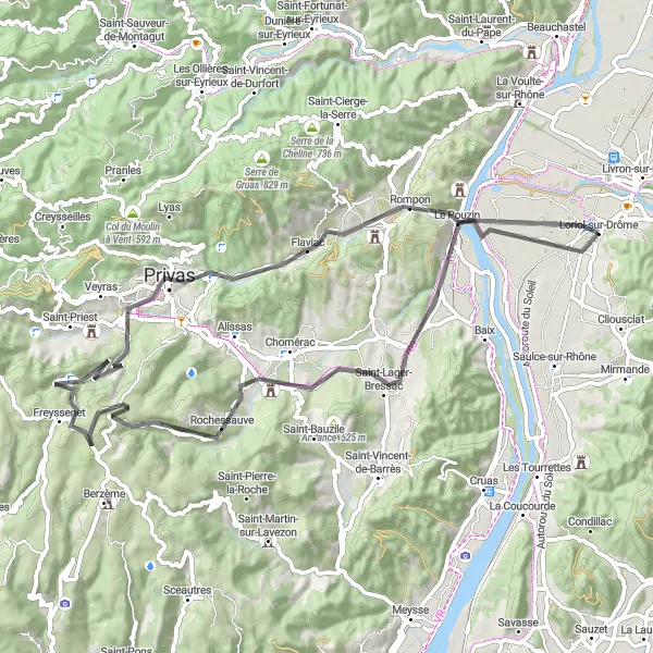 Map miniature of "Loriol-sur-Drôme to Saint-Lager-Bressac" cycling inspiration in Rhône-Alpes, France. Generated by Tarmacs.app cycling route planner