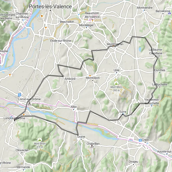 Kartminiatyr av "Loriol-sur-Drôme till Eurre cykelväg" cykelinspiration i Rhône-Alpes, France. Genererad av Tarmacs.app cykelruttplanerare