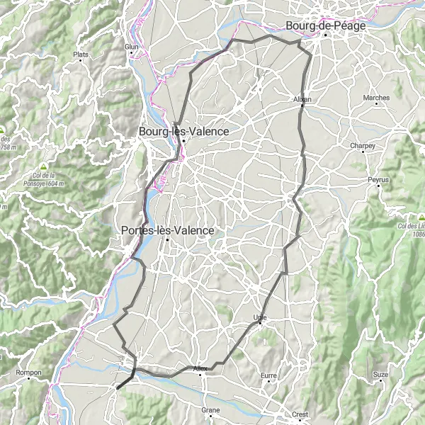 Miniatura della mappa di ispirazione al ciclismo "Avventura ciclistica di 91 km da Loriol-sur-Drôme" nella regione di Rhône-Alpes, France. Generata da Tarmacs.app, pianificatore di rotte ciclistiche