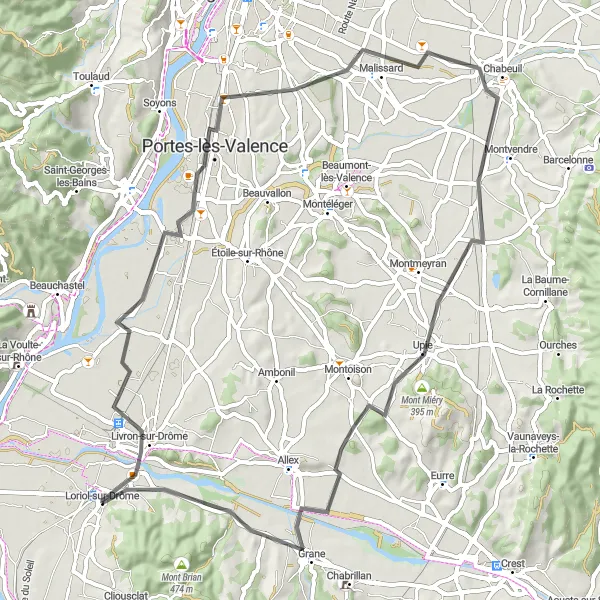 Kartminiatyr av "Livron-sur-Drôme til Loriol-sur-Drôme Scenic Route" sykkelinspirasjon i Rhône-Alpes, France. Generert av Tarmacs.app sykkelrutoplanlegger