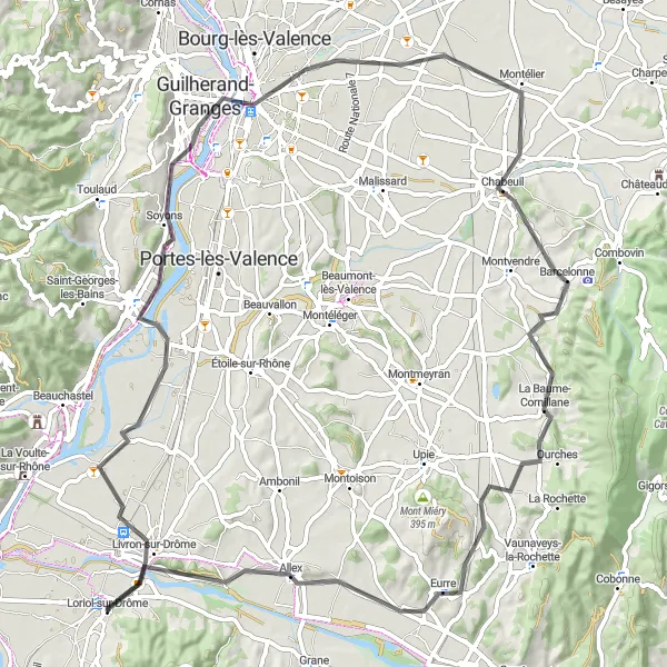 Mapa miniatúra "Cyklotrasa cez Charmes-sur-Rhône" cyklistická inšpirácia v Rhône-Alpes, France. Vygenerované cyklistickým plánovačom trás Tarmacs.app