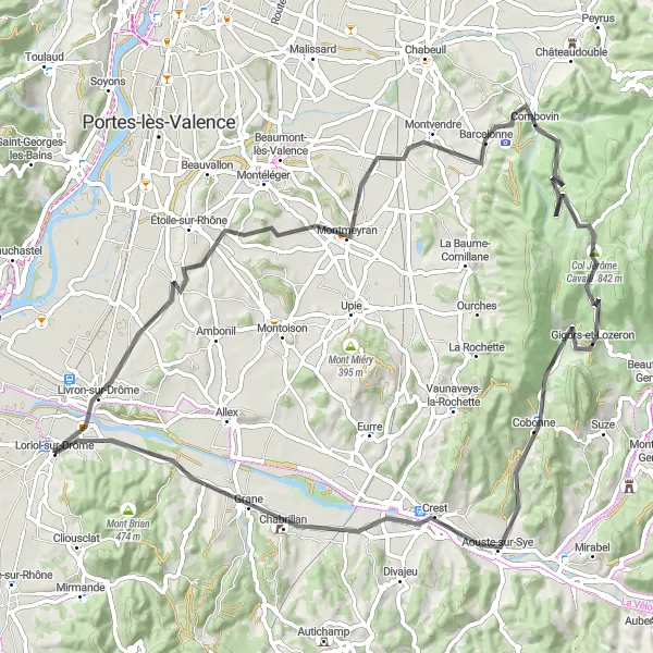 Miniatura della mappa di ispirazione al ciclismo "Giro in bicicletta da Loriol-sur-Drôme" nella regione di Rhône-Alpes, France. Generata da Tarmacs.app, pianificatore di rotte ciclistiche