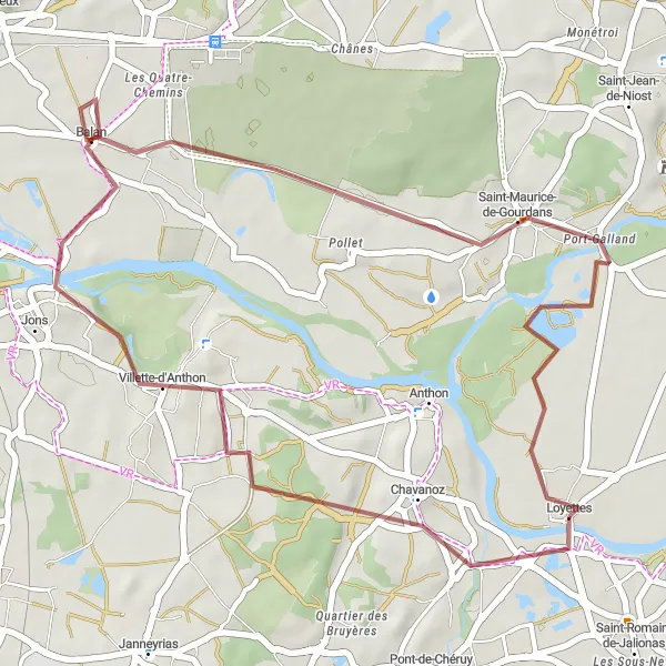 Mapa miniatúra "Gravelová cesta cez Saint-Maurice-de-Gourdans" cyklistická inšpirácia v Rhône-Alpes, France. Vygenerované cyklistickým plánovačom trás Tarmacs.app