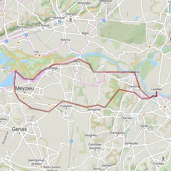 Miniatura della mappa di ispirazione al ciclismo "Percorso Gravel tra Janneyrias e Confluence" nella regione di Rhône-Alpes, France. Generata da Tarmacs.app, pianificatore di rotte ciclistiche