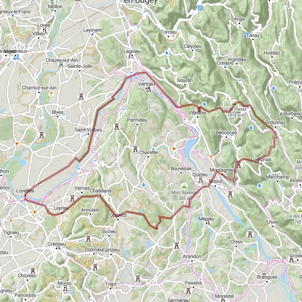 Map miniature of "From Saint-Vulbas to Lompnas" cycling inspiration in Rhône-Alpes, France. Generated by Tarmacs.app cycling route planner