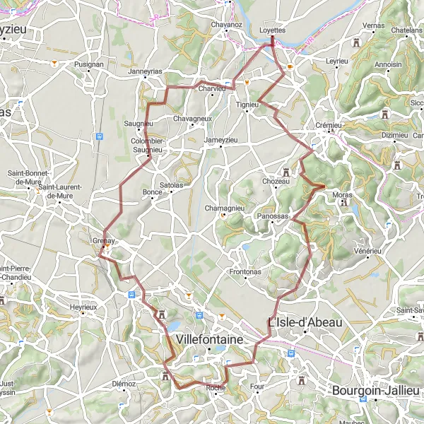 Miniatura della mappa di ispirazione al ciclismo "Circuito Gravel attraverso Saint-Romain-de-Jalionas e Vaulx-Milieu" nella regione di Rhône-Alpes, France. Generata da Tarmacs.app, pianificatore di rotte ciclistiche