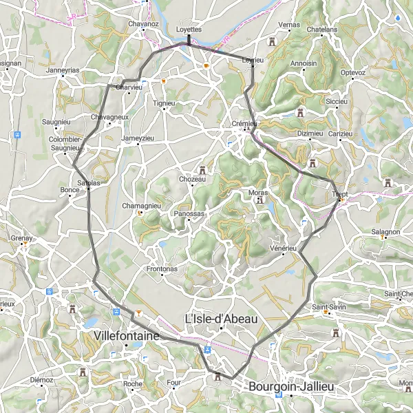 Miniatura della mappa di ispirazione al ciclismo "Giro in bicicletta tra Crémieu e Loyettes" nella regione di Rhône-Alpes, France. Generata da Tarmacs.app, pianificatore di rotte ciclistiche