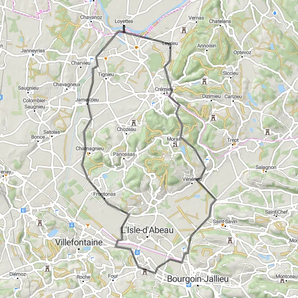 Map miniature of "Crémieu and Frontonas Road Route" cycling inspiration in Rhône-Alpes, France. Generated by Tarmacs.app cycling route planner
