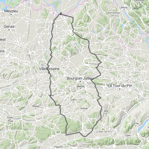 Miniature de la carte de l'inspiration cycliste "Les Collines du Dauphiné" dans la Rhône-Alpes, France. Générée par le planificateur d'itinéraire cycliste Tarmacs.app