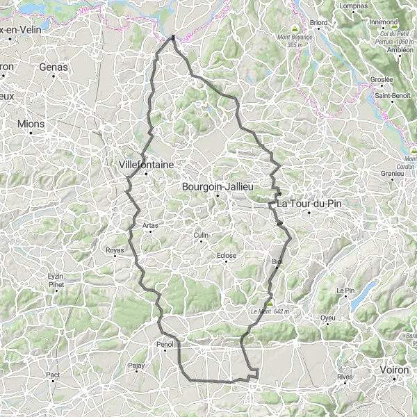 Karttaminiaatyyri "Maantiereitti läpi Ranskan maaseudun" pyöräilyinspiraatiosta alueella Rhône-Alpes, France. Luotu Tarmacs.app pyöräilyreittisuunnittelijalla