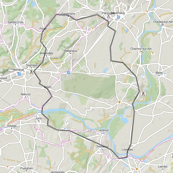 Miniatura della mappa di ispirazione al ciclismo "Itinerario ciclistico road da Loyettes" nella regione di Rhône-Alpes, France. Generata da Tarmacs.app, pianificatore di rotte ciclistiche