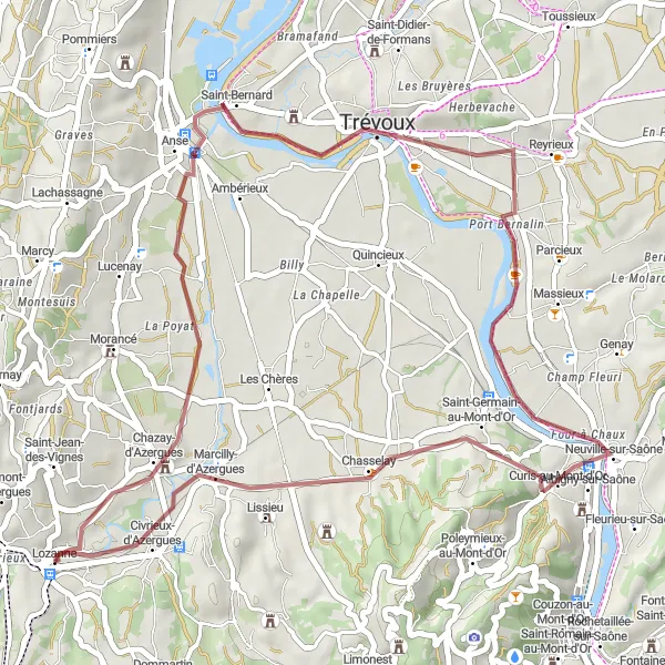 Miniatua del mapa de inspiración ciclista "Ruta de ciclismo de grava a Anse y Lissieu" en Rhône-Alpes, France. Generado por Tarmacs.app planificador de rutas ciclistas