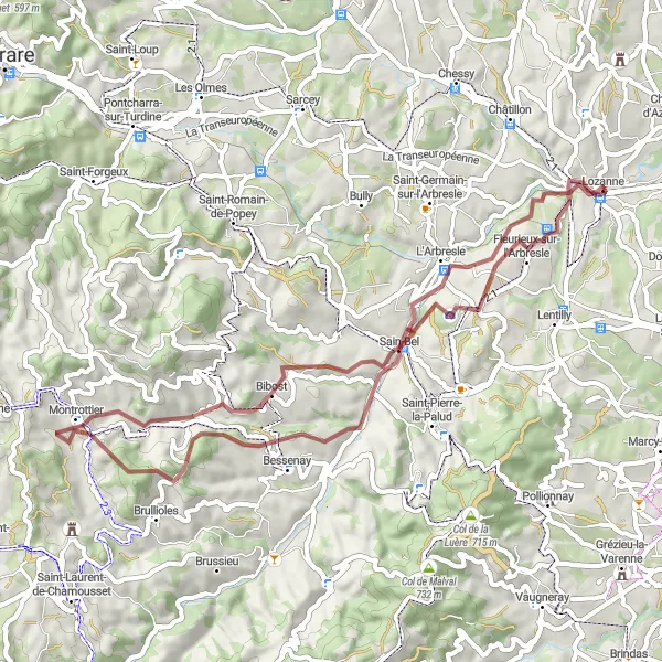 Zemljevid v pomanjšavi "Gravel kolesarska pot blizu Lozanne" kolesarske inspiracije v Rhône-Alpes, France. Generirano z načrtovalcem kolesarskih poti Tarmacs.app