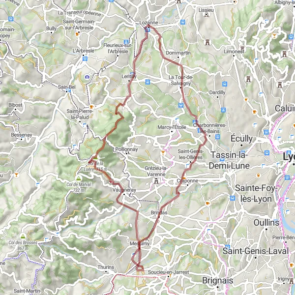 Miniatua del mapa de inspiración ciclista "Ruta de ciclismo de grava a Saint-Genis-les-Ollières y Château de la Benaudière" en Rhône-Alpes, France. Generado por Tarmacs.app planificador de rutas ciclistas