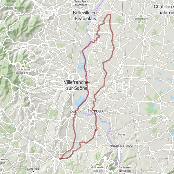 Miniatua del mapa de inspiración ciclista "Ruta de ciclismo de gravilla hacia Civrieux-d'Azergues" en Rhône-Alpes, France. Generado por Tarmacs.app planificador de rutas ciclistas