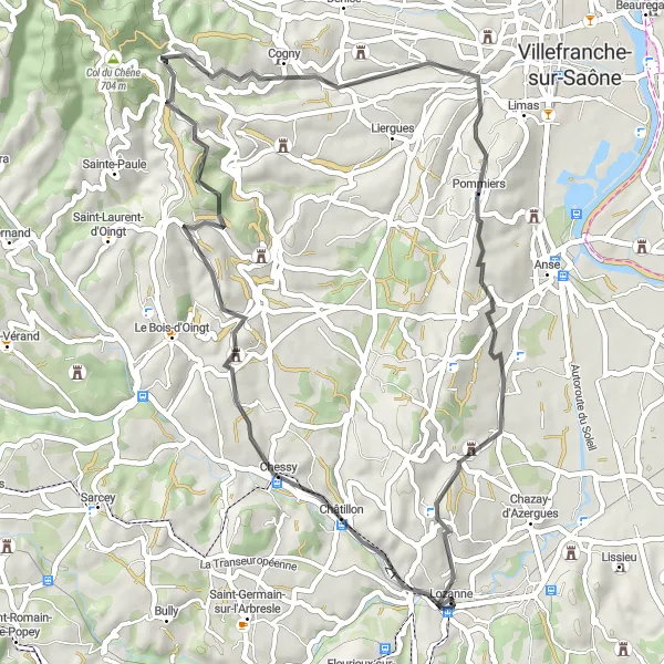 Karten-Miniaturansicht der Radinspiration "Weinberge und Kulturschätze entlang der Route des Pierres Dorées" in Rhône-Alpes, France. Erstellt vom Tarmacs.app-Routenplaner für Radtouren