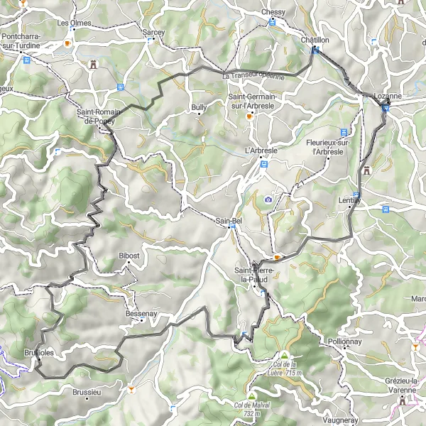 Kartminiatyr av "Upplev Saint-Pierre-la-Palud och Bessenay" cykelinspiration i Rhône-Alpes, France. Genererad av Tarmacs.app cykelruttplanerare