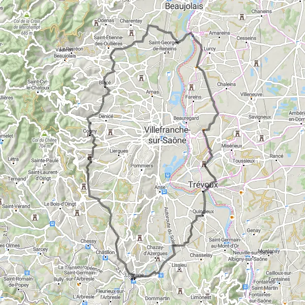 Map miniature of "The Lozanne to Terrasse Panorama Road Cycling Route" cycling inspiration in Rhône-Alpes, France. Generated by Tarmacs.app cycling route planner