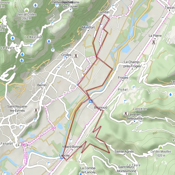 Miniatura della mappa di ispirazione al ciclismo "Avventura gravel da Lumbin a Froges" nella regione di Rhône-Alpes, France. Generata da Tarmacs.app, pianificatore di rotte ciclistiche